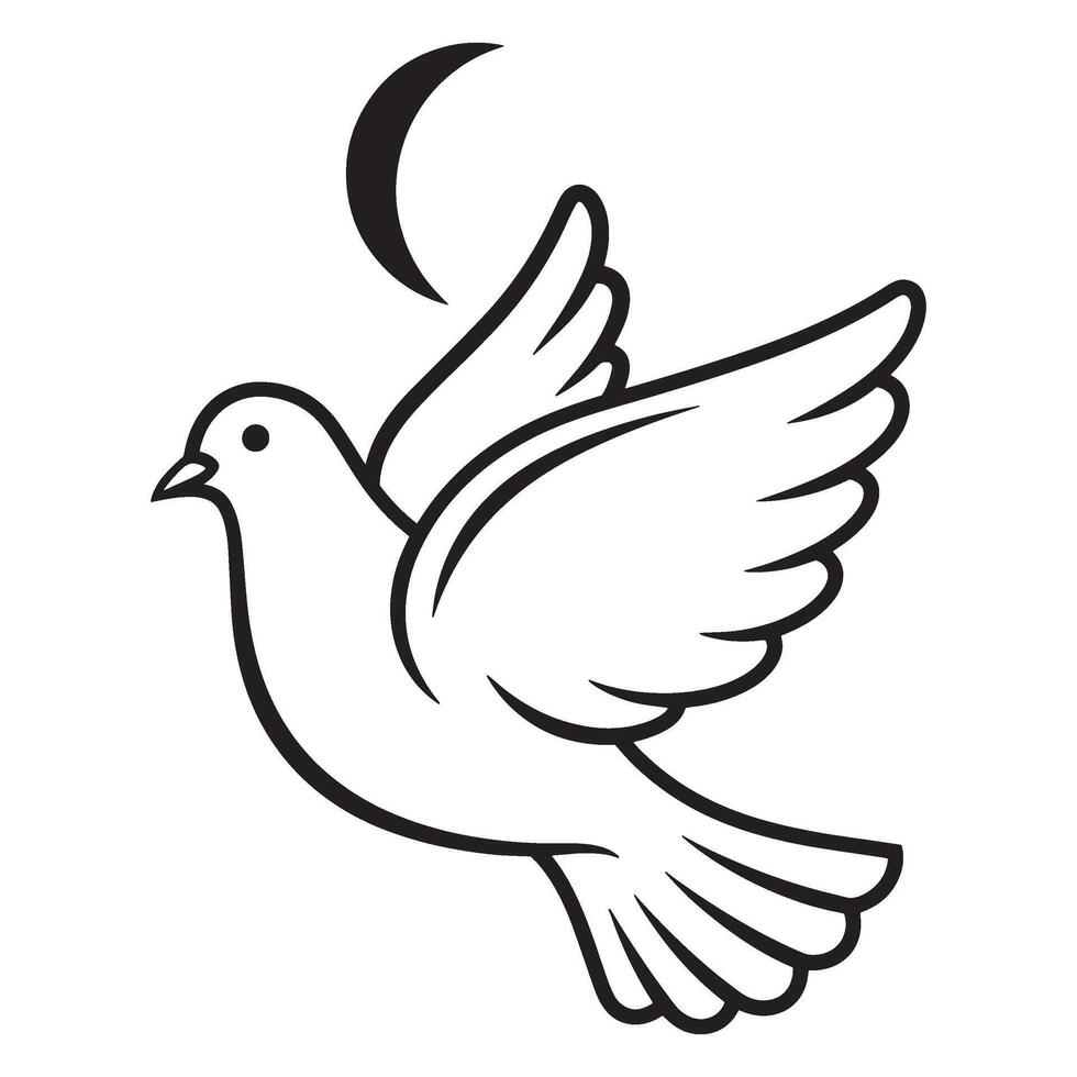 Elegant black and white dove in flight with crescent moon symbol of peace and hope vector