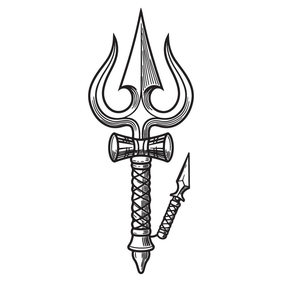 Detailed hand drawn illustration of a trident and spear in a classic engraved black and white style vector