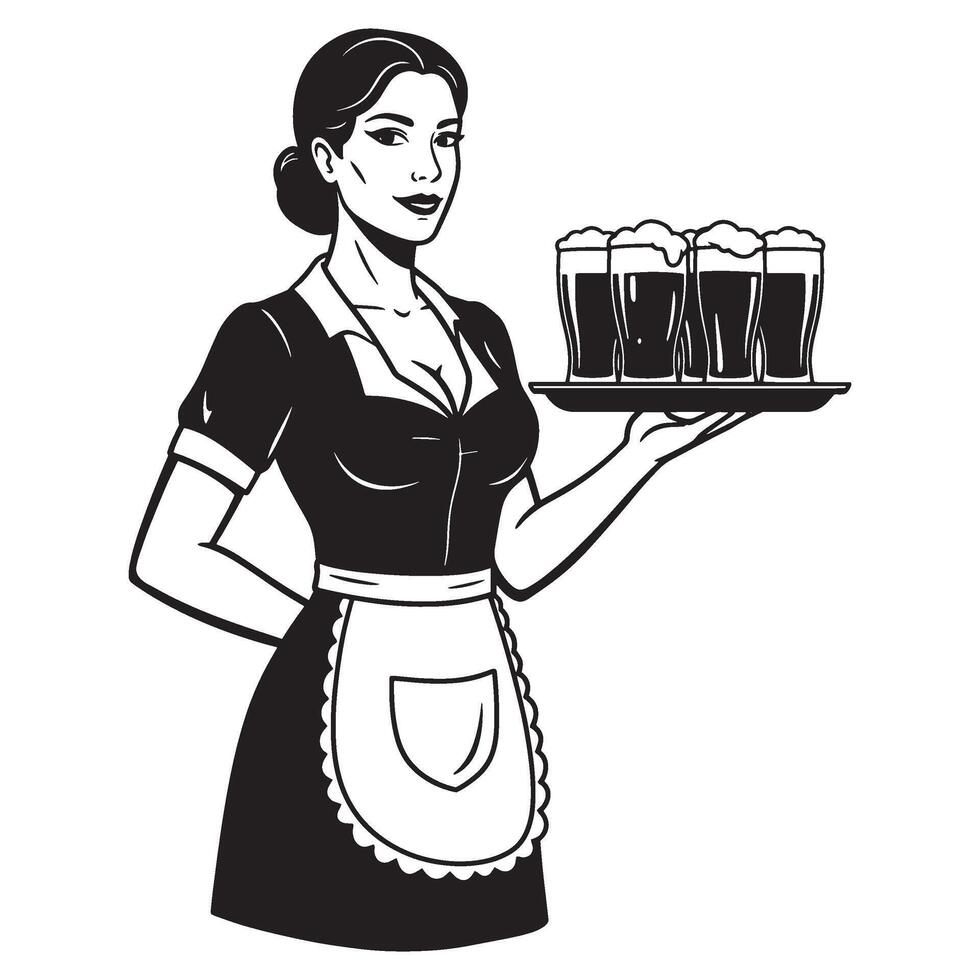 Vintage style black and white illustration of a waitress serving beers on a tray vector