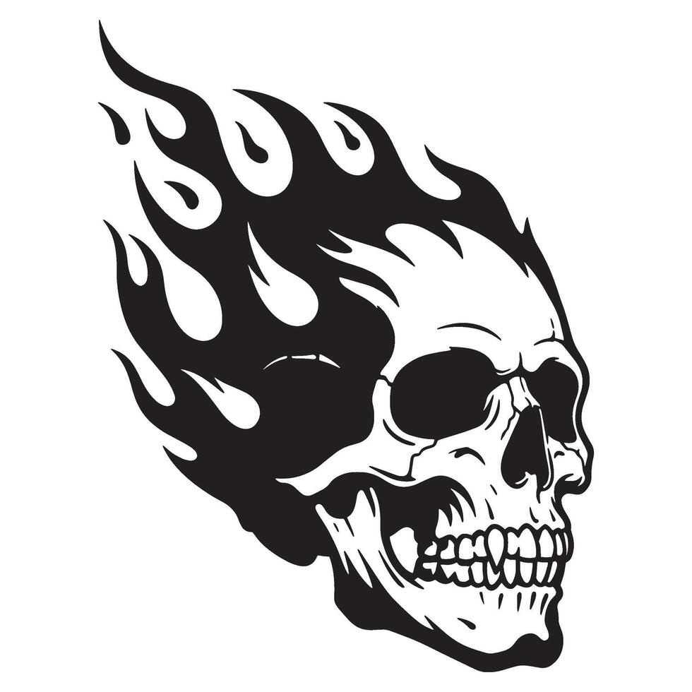 Black and white flaming skull illustration perfect for tattoo designs and spooky graphics vector