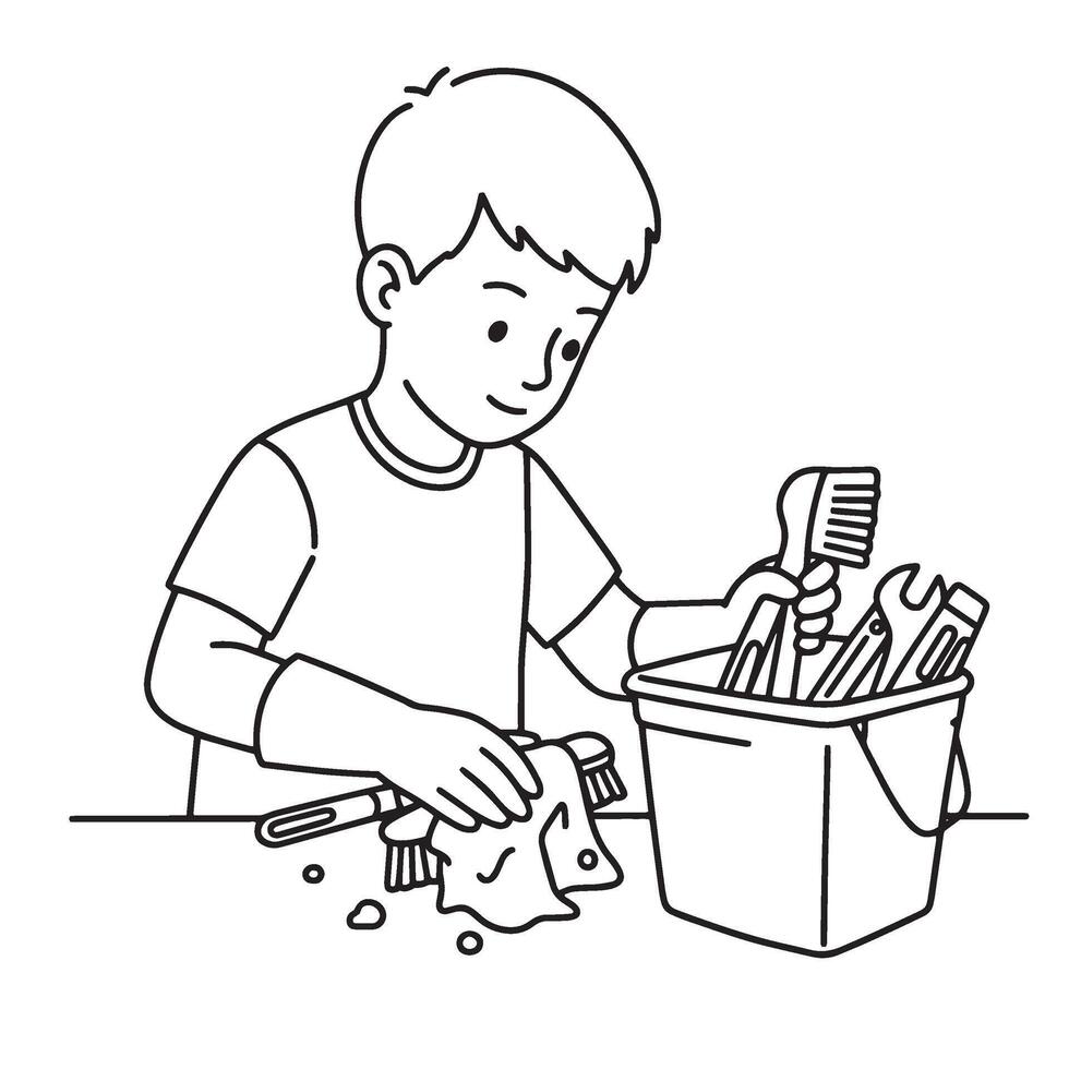 Young boy cleaning and organizing tools illustration in black and white cartoon style vector