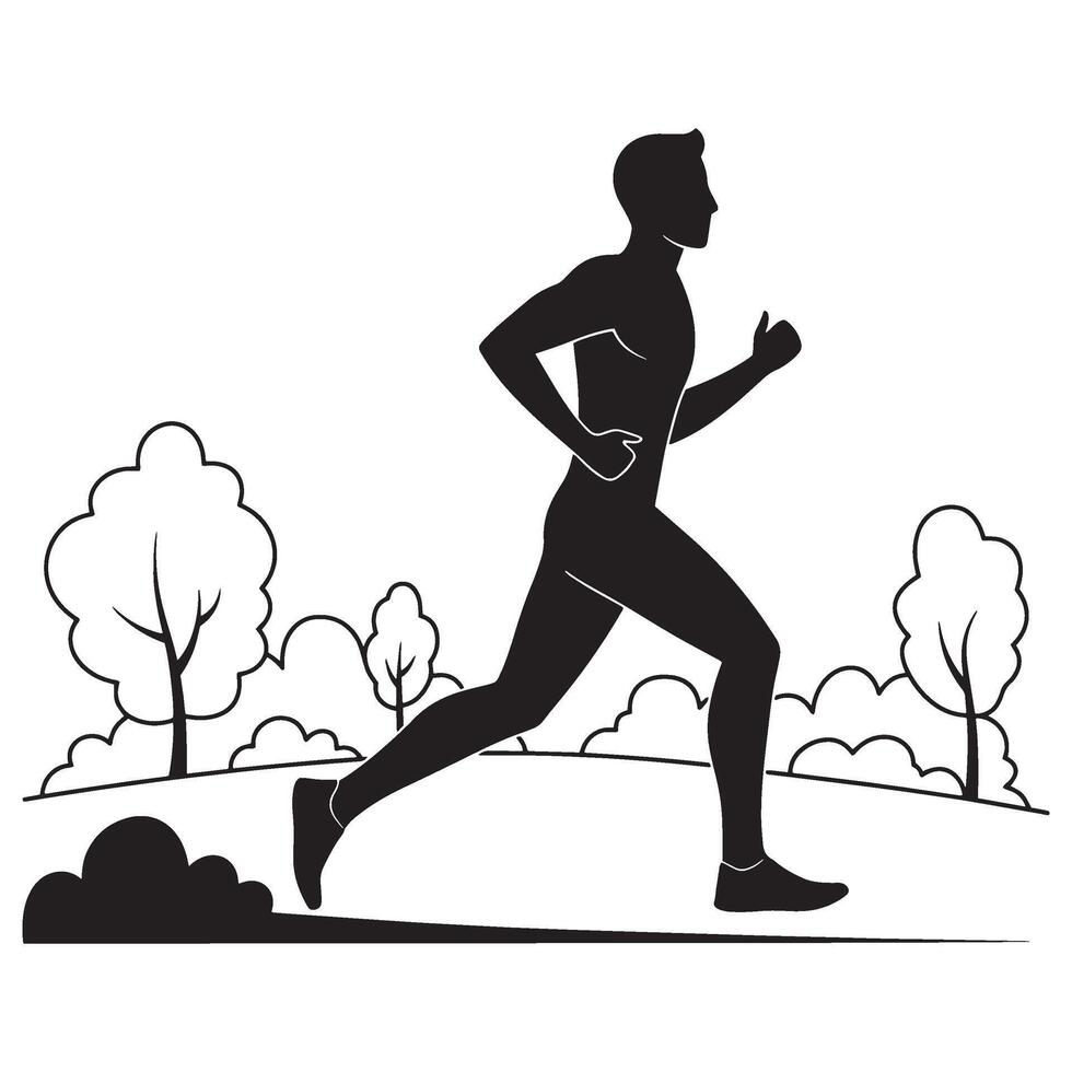 Silhouette of a man running outdoors in a park on a sunny day illustration vector