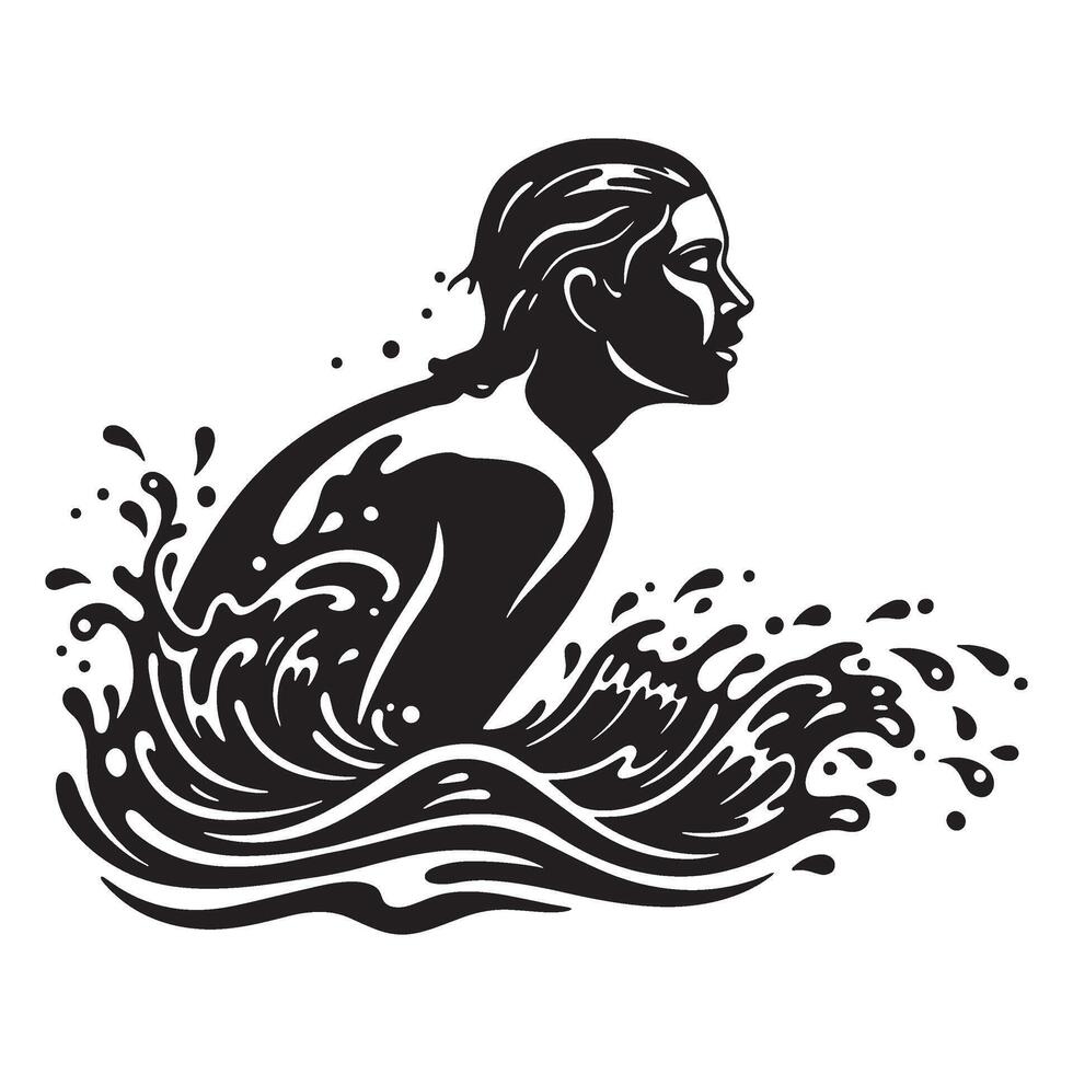 Silhouette illustration of a woman swimming powerfully through water with splashes and waves vector