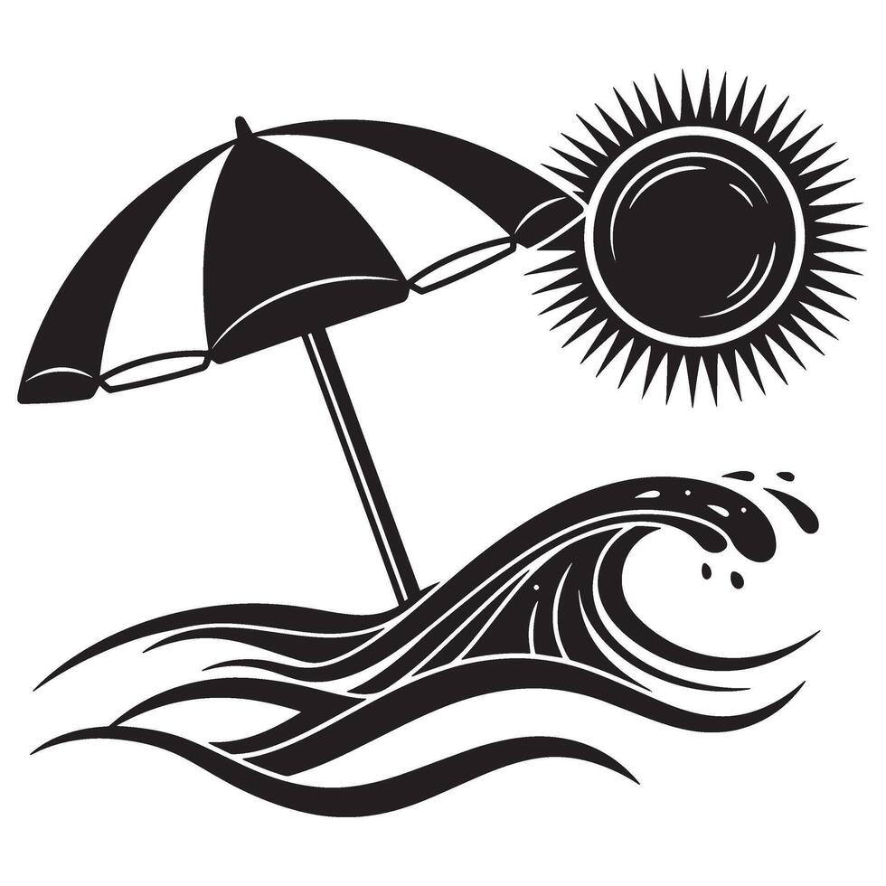 Black and white beach scene with umbrella sun and wave for summer vacation design vector