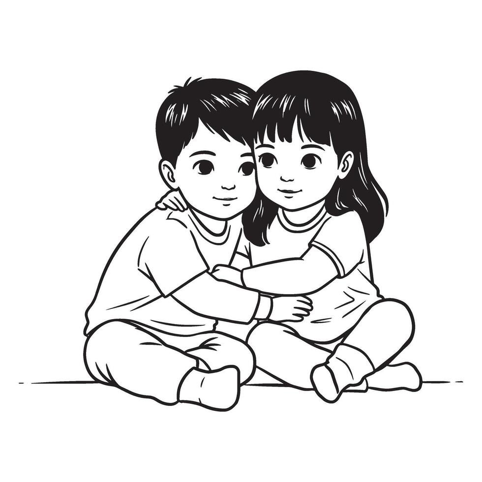 Black and white illustration of two children embracing showing friendship and love vector
