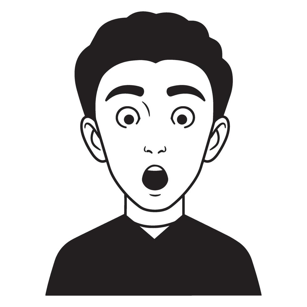 Surprised male face illustration in black and white showing shock and amazement vector