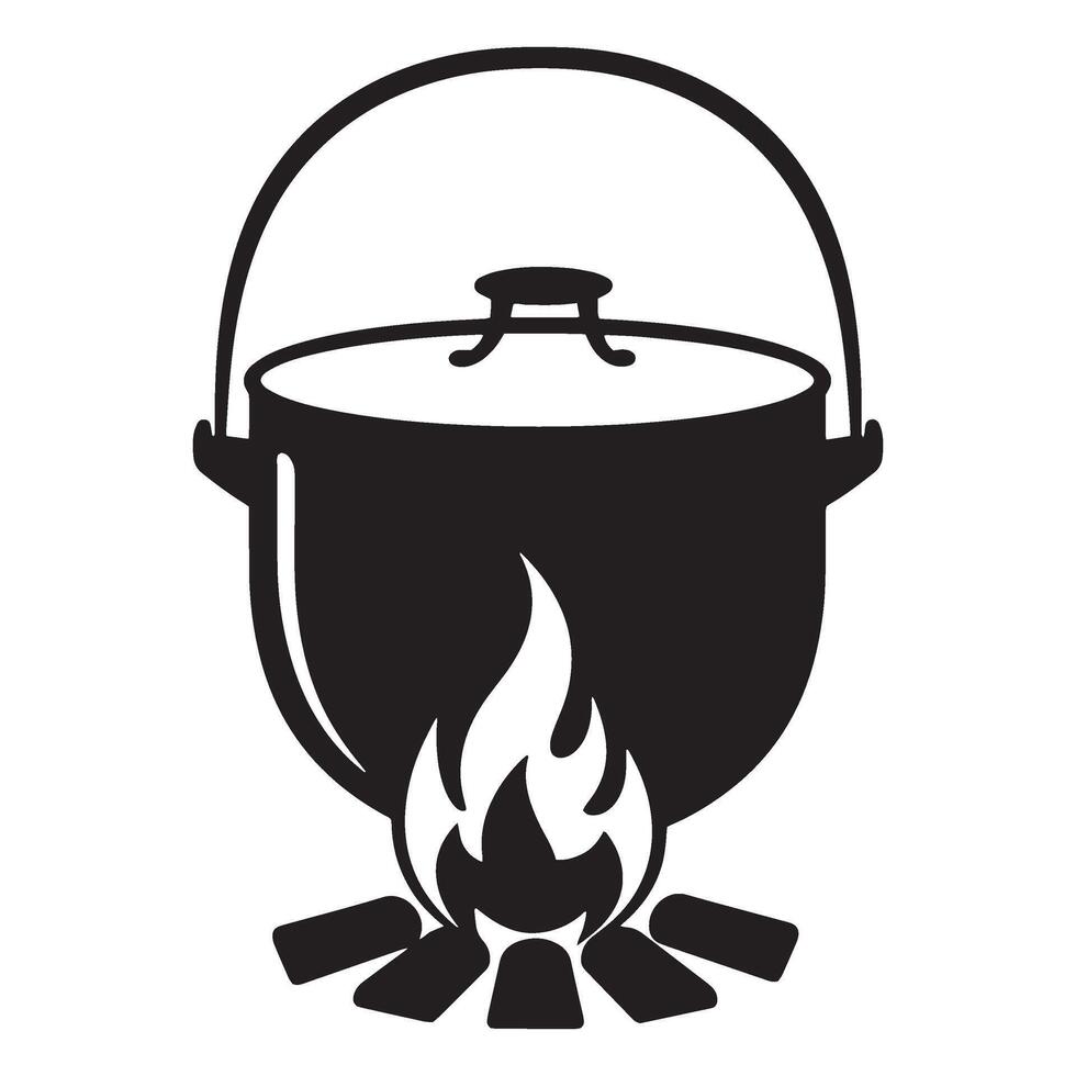 Black and white illustration of campfire cooking pot with burning fire and firewood vector