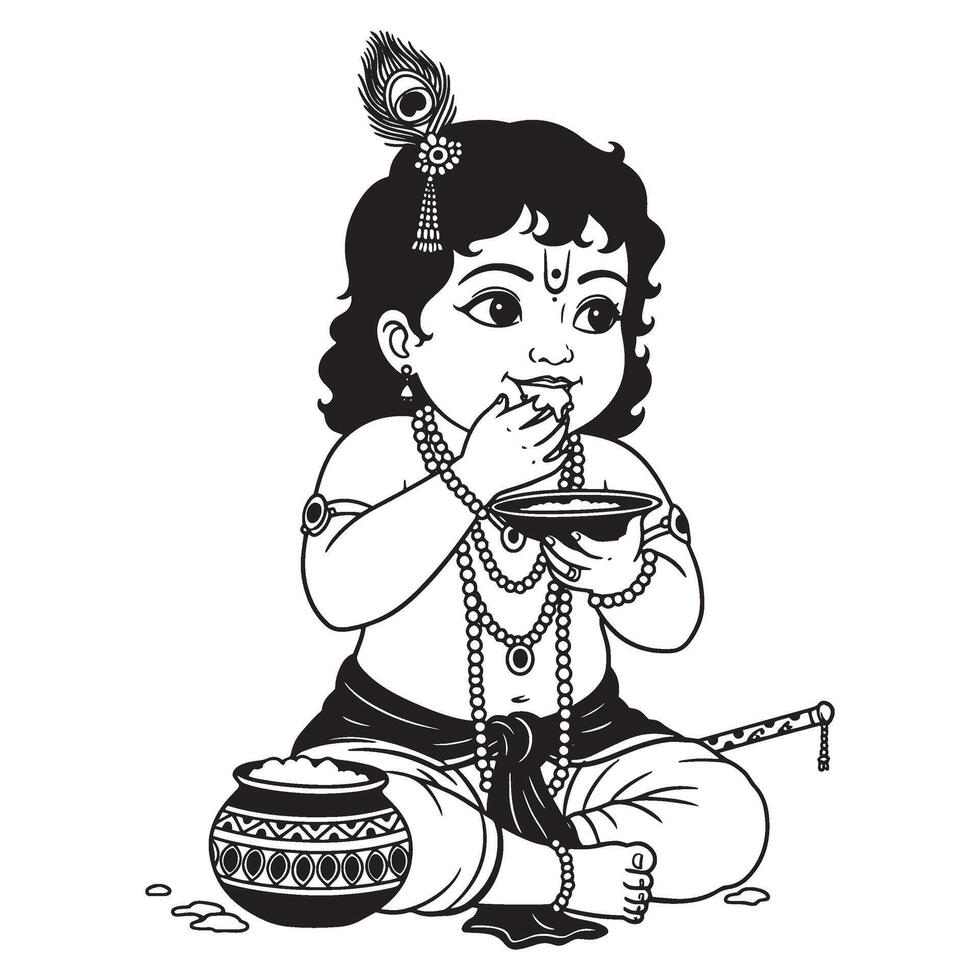 Lord krishna with flute and feather eating food in a detailed black and white illustration vector