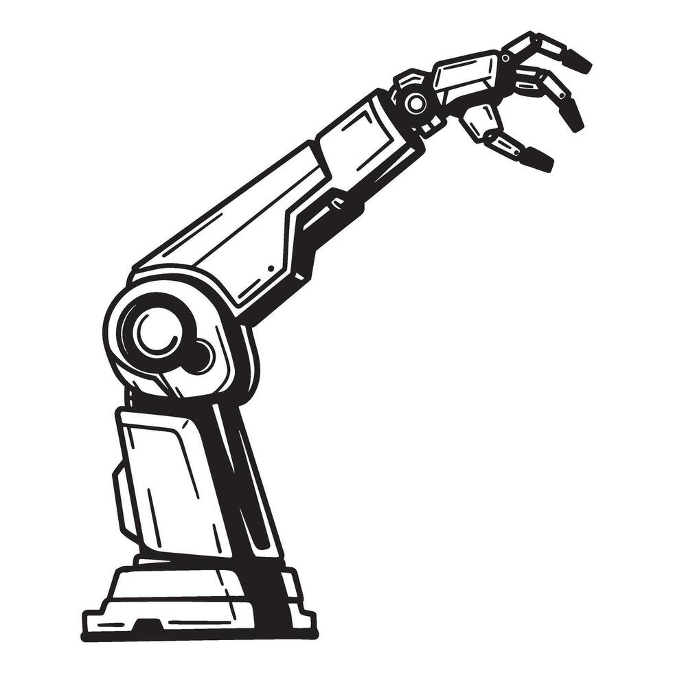 illustration of a mechanical robot arm in black and white isolated on white background vector