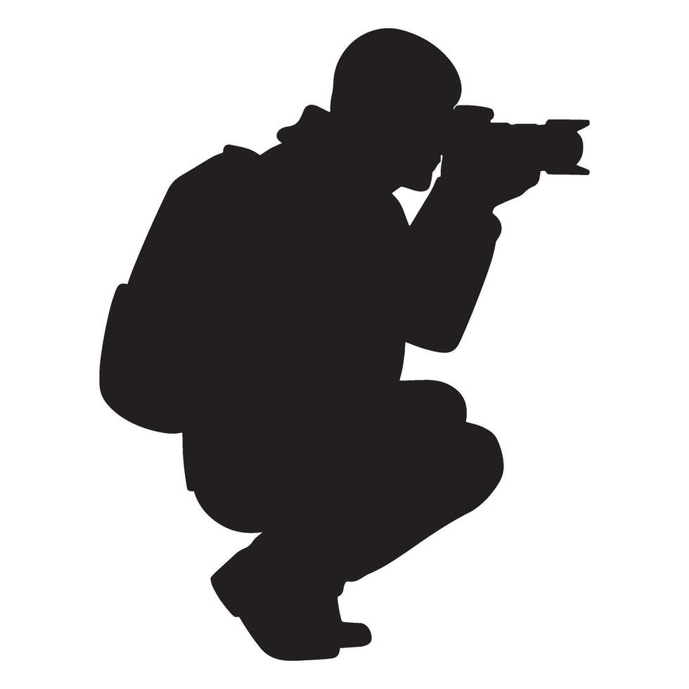 Silhouette of a photographer crouching down capturing a photo with professional camera vector