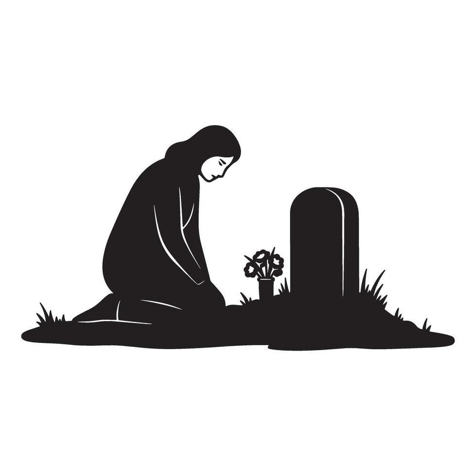 Grief stricken woman kneels beside a tombstone offering flowers at a grave site vector