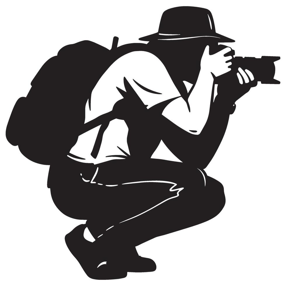 Silhouette of a photographer squatting down with a camera backpack and hat vector
