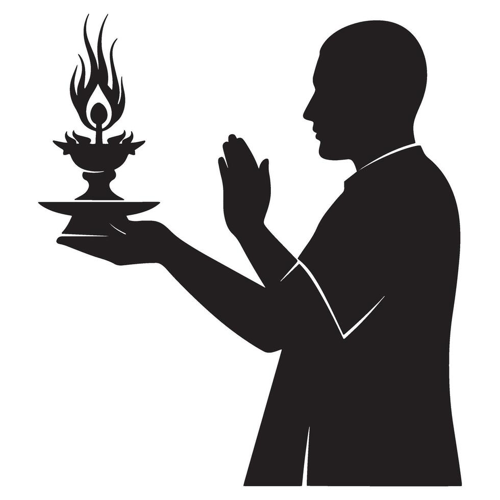 Silhouette of a devotee performing a ritual ceremony with an oil lamp and prayer vector
