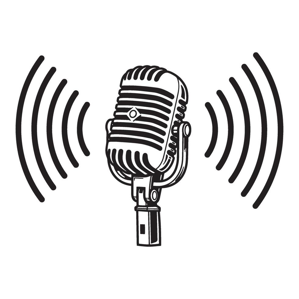 Classic microphone with sound waves illustration perfect for podcasts and audio content vector