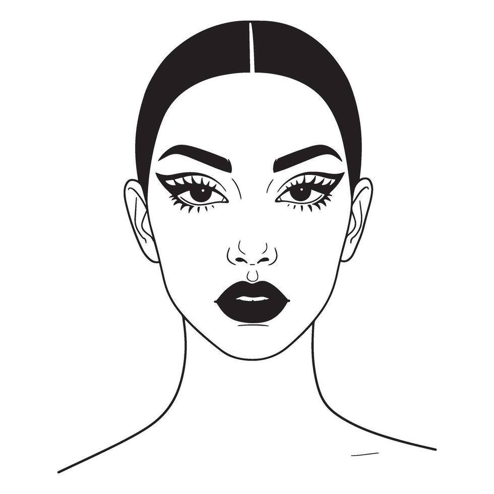 Stylish line art illustration of a beautiful woman with bold makeup and fashionable look vector
