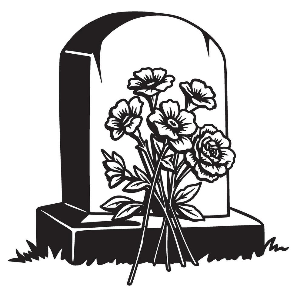 Black and white illustration of a tombstone with flowers symbolizing remembrance and loss vector
