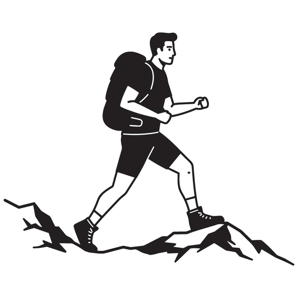 Silhouette of a hiker carrying a backpack climbing a rocky mountain trail adventure vector
