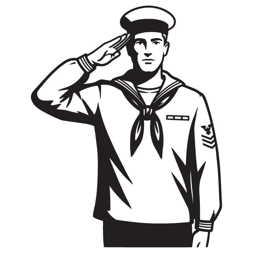 A black and white illustration of a navy sailor giving a salute vector
