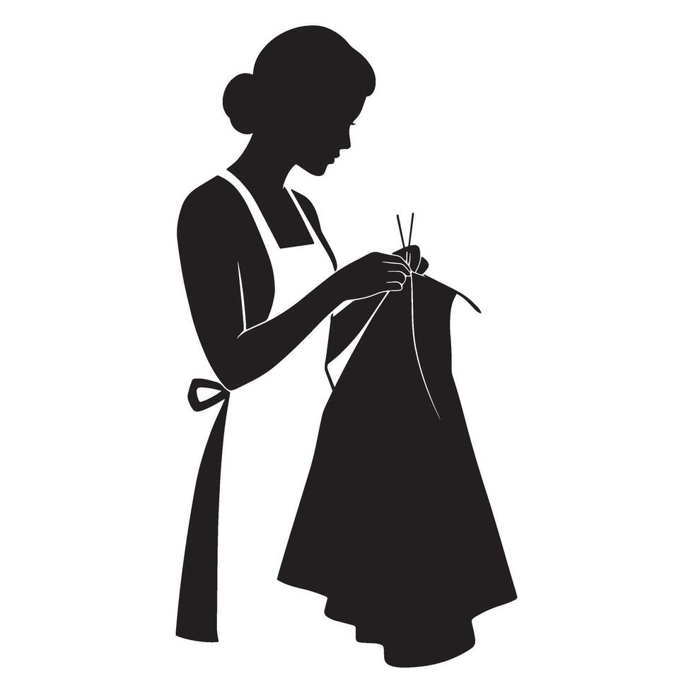 Silhouette of a woman sewing or tailoring clothes with apron and needle tools vector