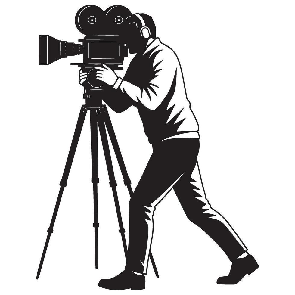 A black and white illustration of a cameraman filming with a vintage camera on a tripod vector