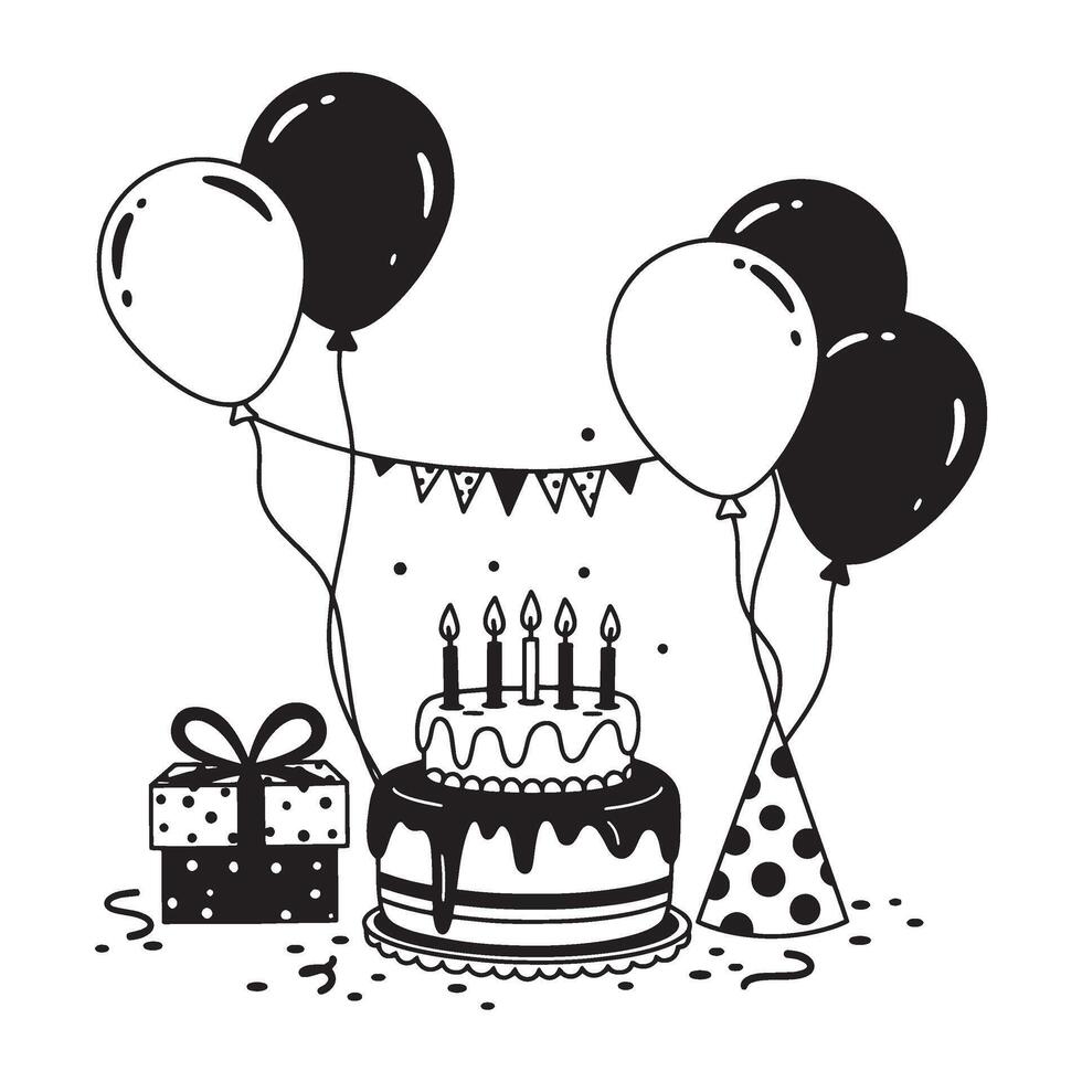Black and white birthday celebration illustration with balloons cake party hat and gift vector