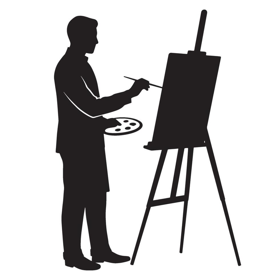 Black silhouette of an artist painting on an easel with a palette and brush vector