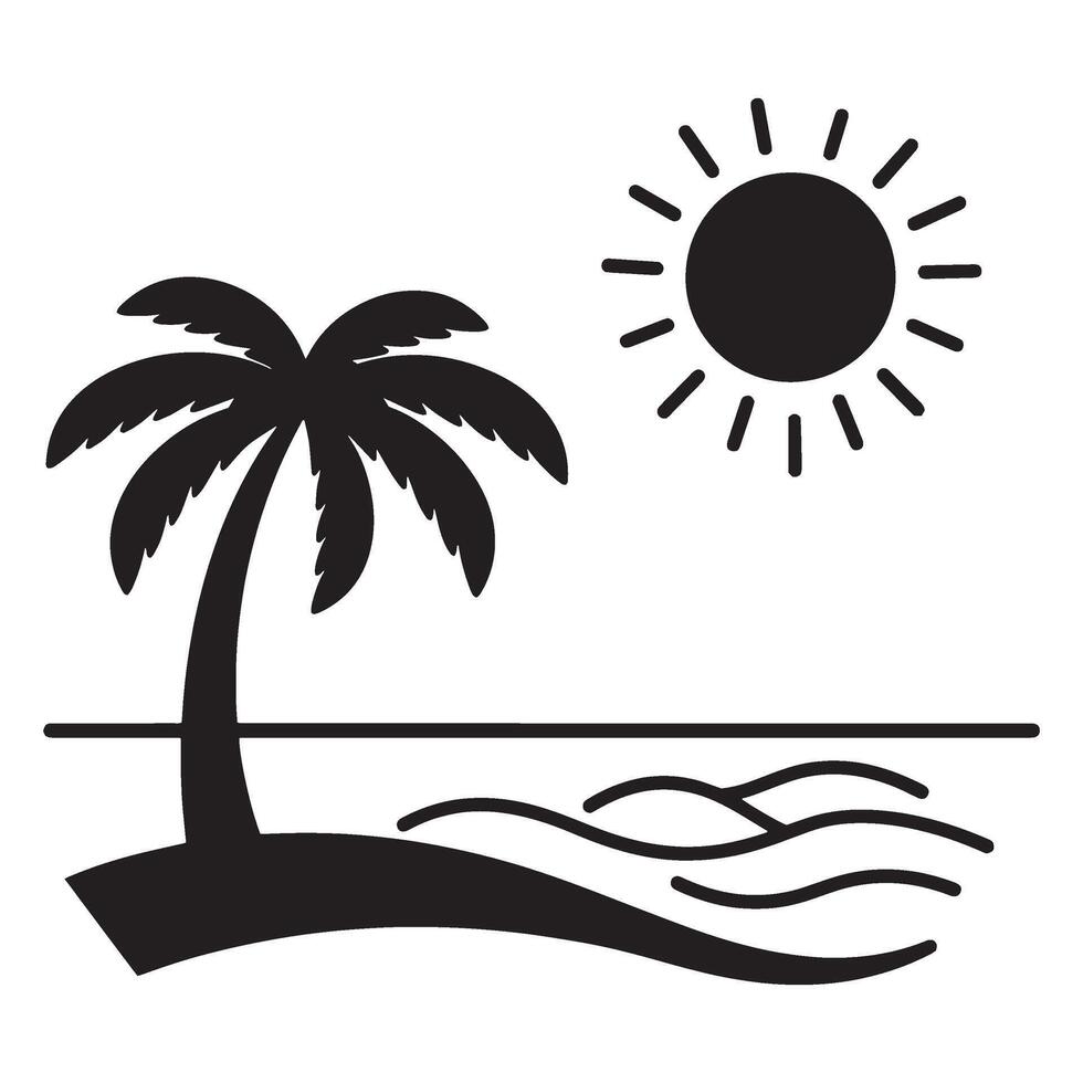 Simple illustration of a tropical beach scene with palm tree sun and ocean vector