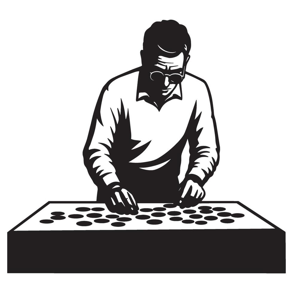 A black and white illustration of a man playing a board game with circular pieces vector