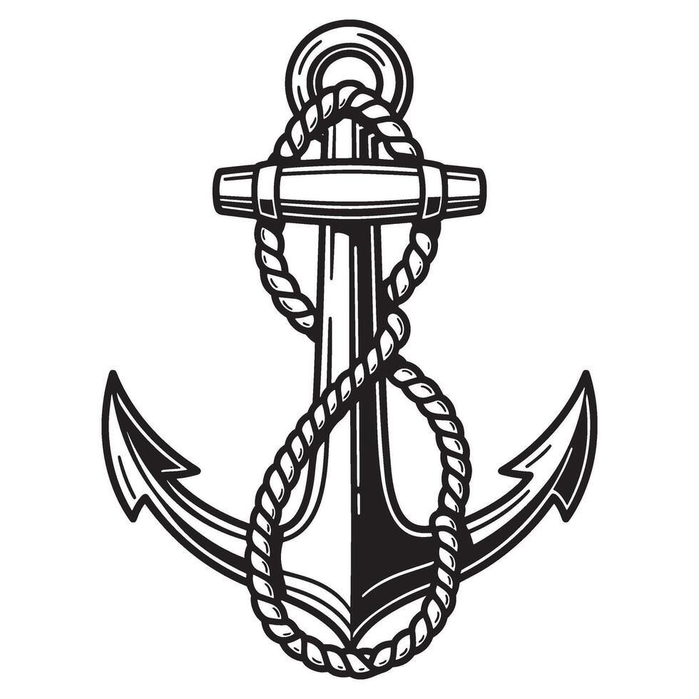 Intricately detailed black and white anchor design with rope symbolizing maritime tradition vector