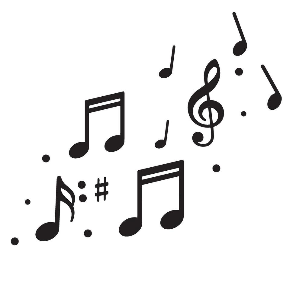 Black and white musical notes and symbols scattered on a white background illustration vector