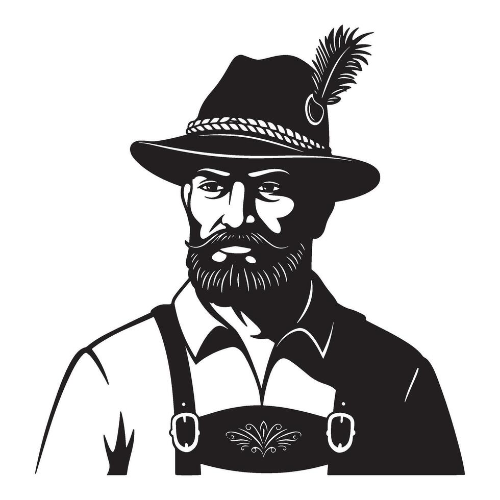 Black and white illustration of a bavarian man wearing traditional clothing and hat vector