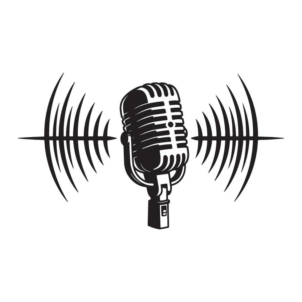 Classic microphone symbol emitting sound waves graphic illustration isolated on white background vector