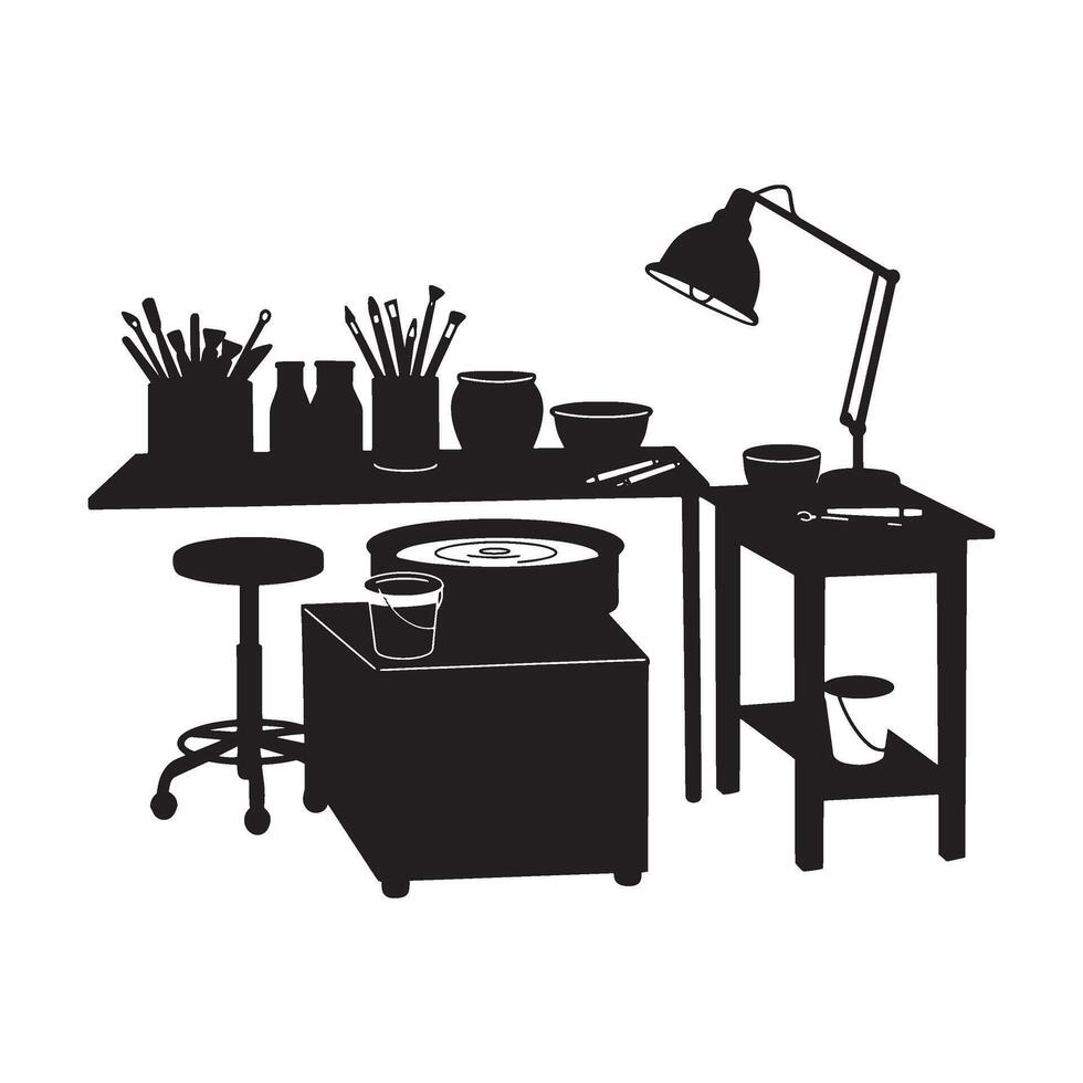 Silhouette illustration of a pottery studio with tools and equipment ready for crafting vector