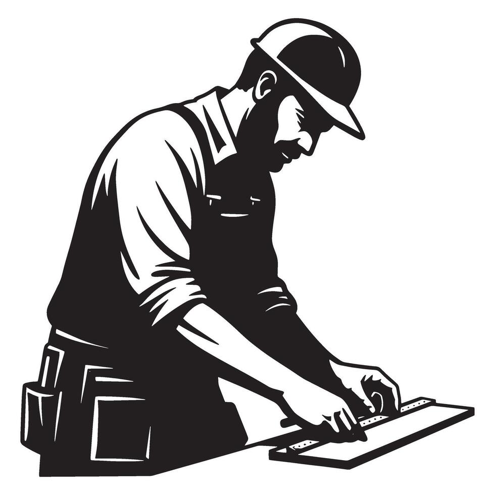 Construction worker measuring a surface wearing protective hard hat and professional workwear vector