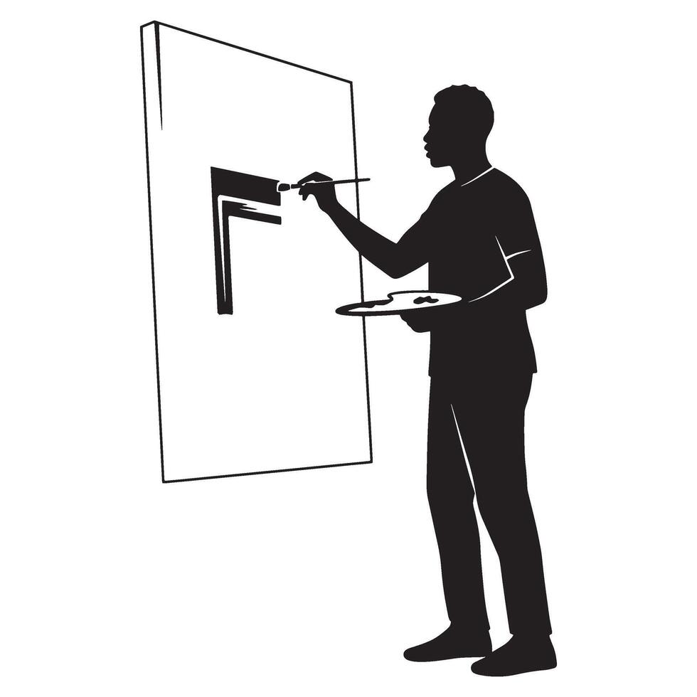 Silhouette of a black artist painting on a canvas with palette and brush in hand vector