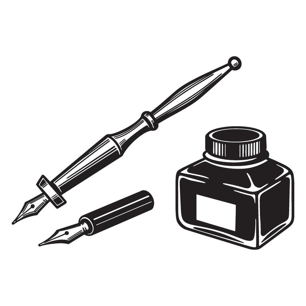 Vintage inkwell fountain pens and nibs retro classic writing tools black and white illustration vector