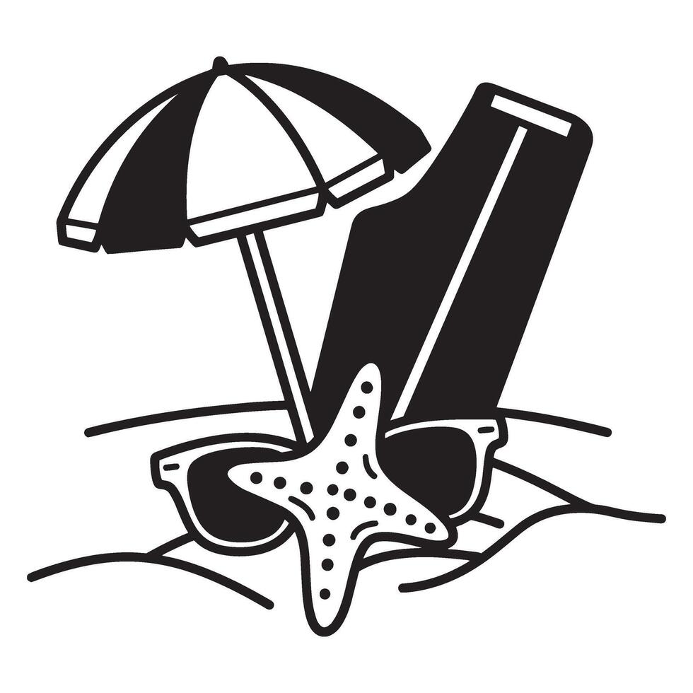 Beach vacation illustration with umbrella surfboard sunglasses and starfish on sandy ground vector