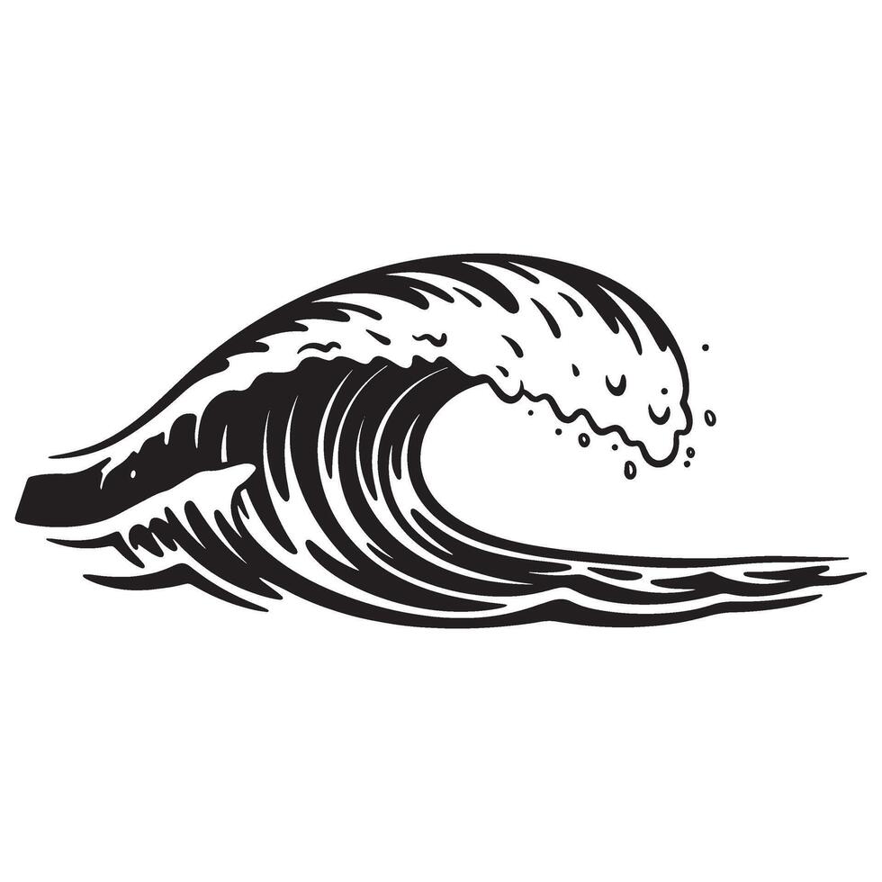 Black and white illustration of a stylized ocean wave cresting with simple details vector