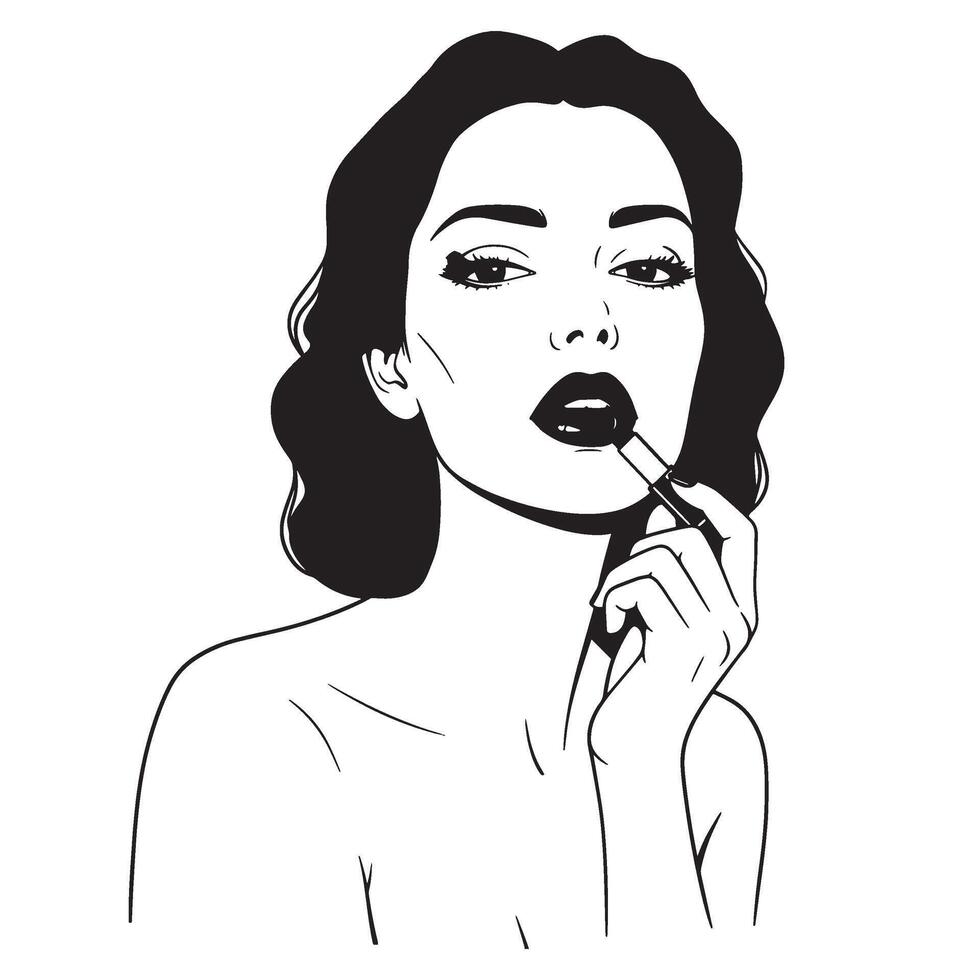 Black and white illustration of a woman applying lipstick makeup in a minimalist style vector