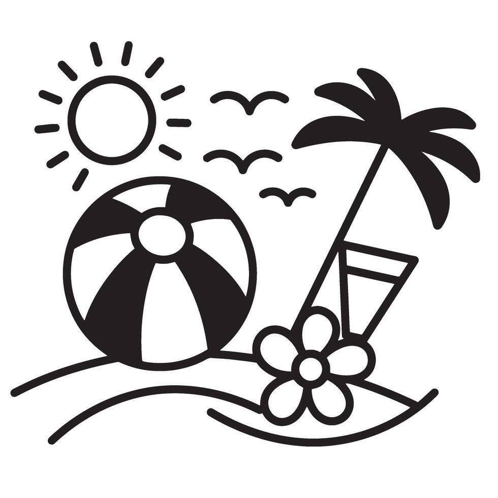 Summer vacation illustration with beach ball sun palm tree flower and seagulls isolated vector
