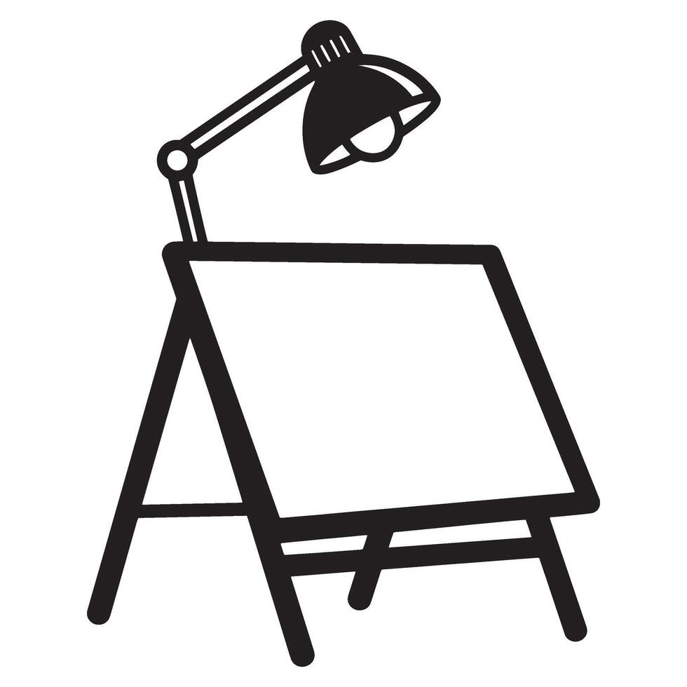 Black and white illustration of an artist easel with an adjustable desk lamp vector