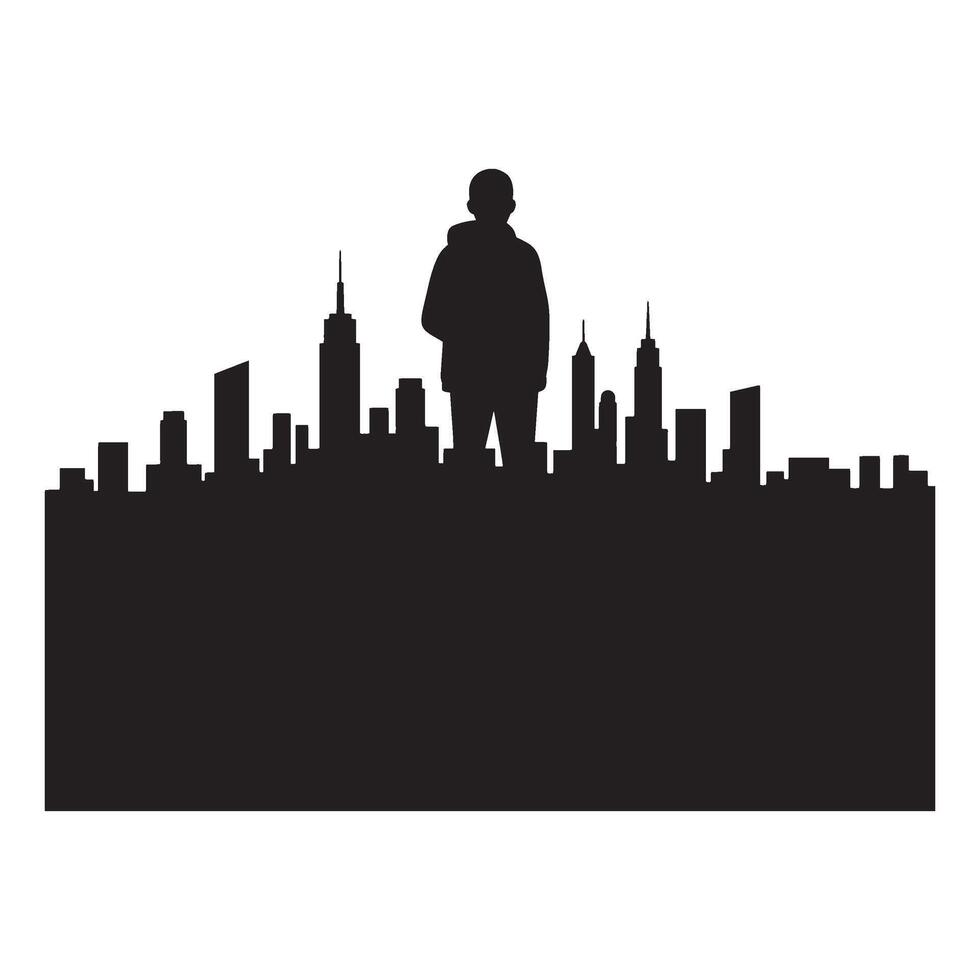 Silhouette of a person standing in front of an urban cityscape skyline illustration vector