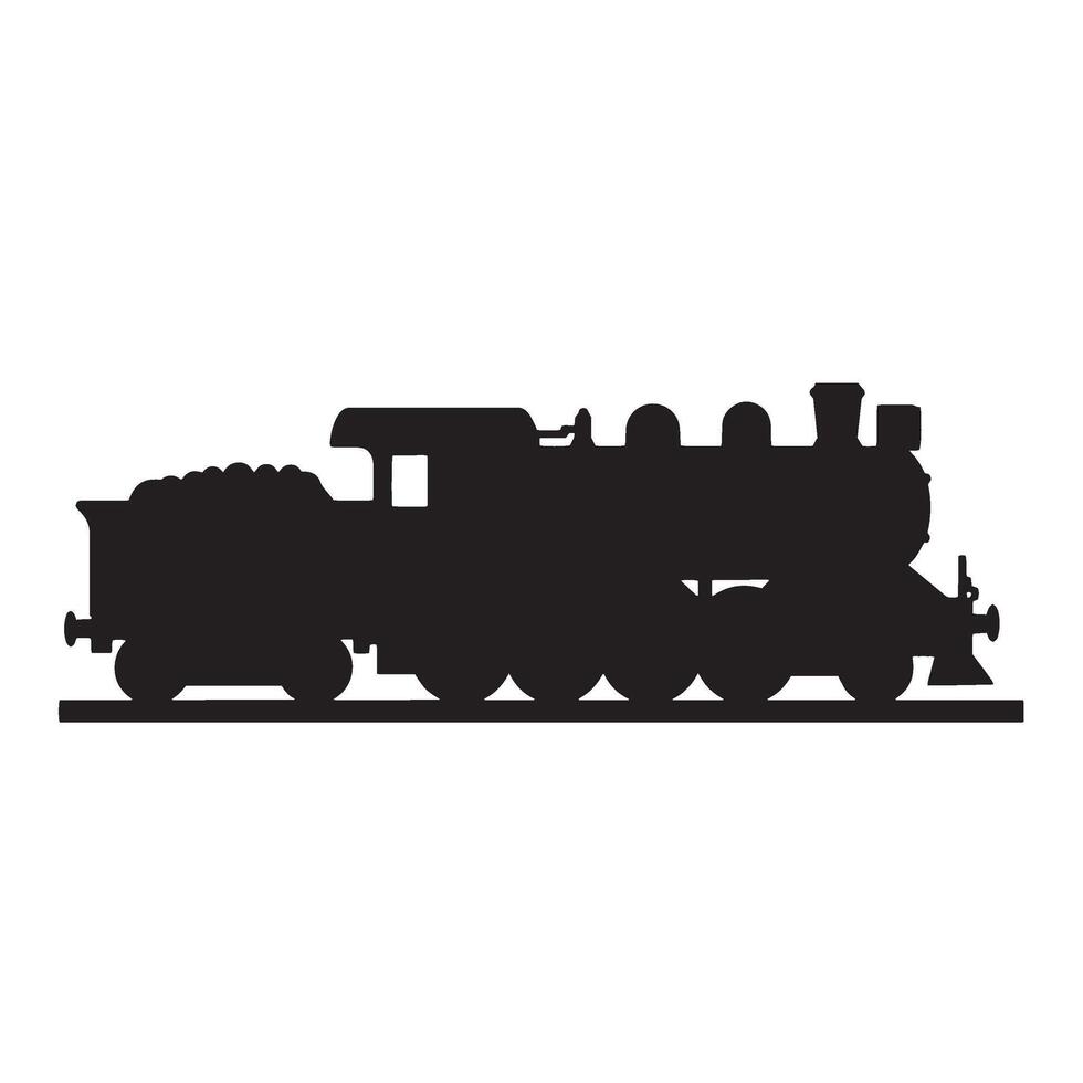 A detailed black silhouette of a classic steam locomotive and tender on a white background vector