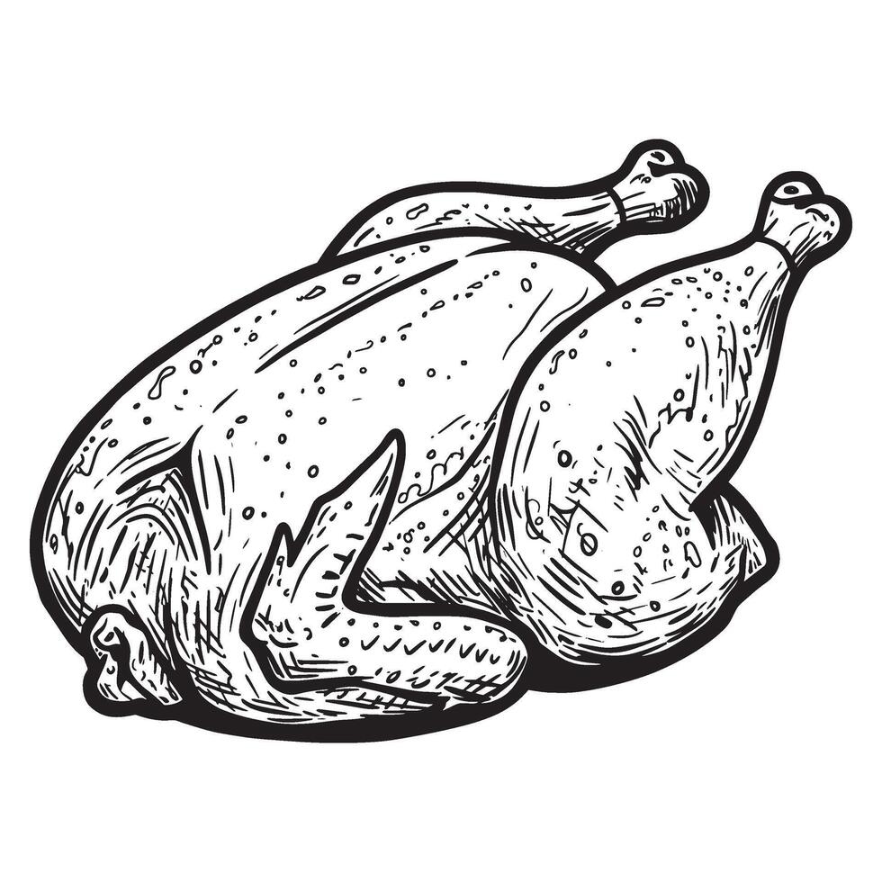 Detailed black and white illustration of a roasted chicken ready for the holiday meal vector
