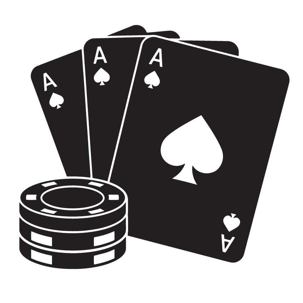 Silhouette of three aces and a stack of poker chips representing casino gamble or winning vector