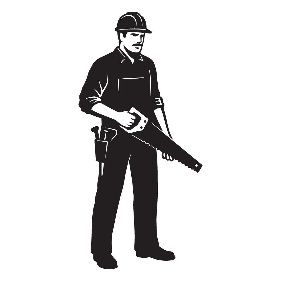 Skilled carpenter holding a hand saw with safety helmet black and white illustration vector