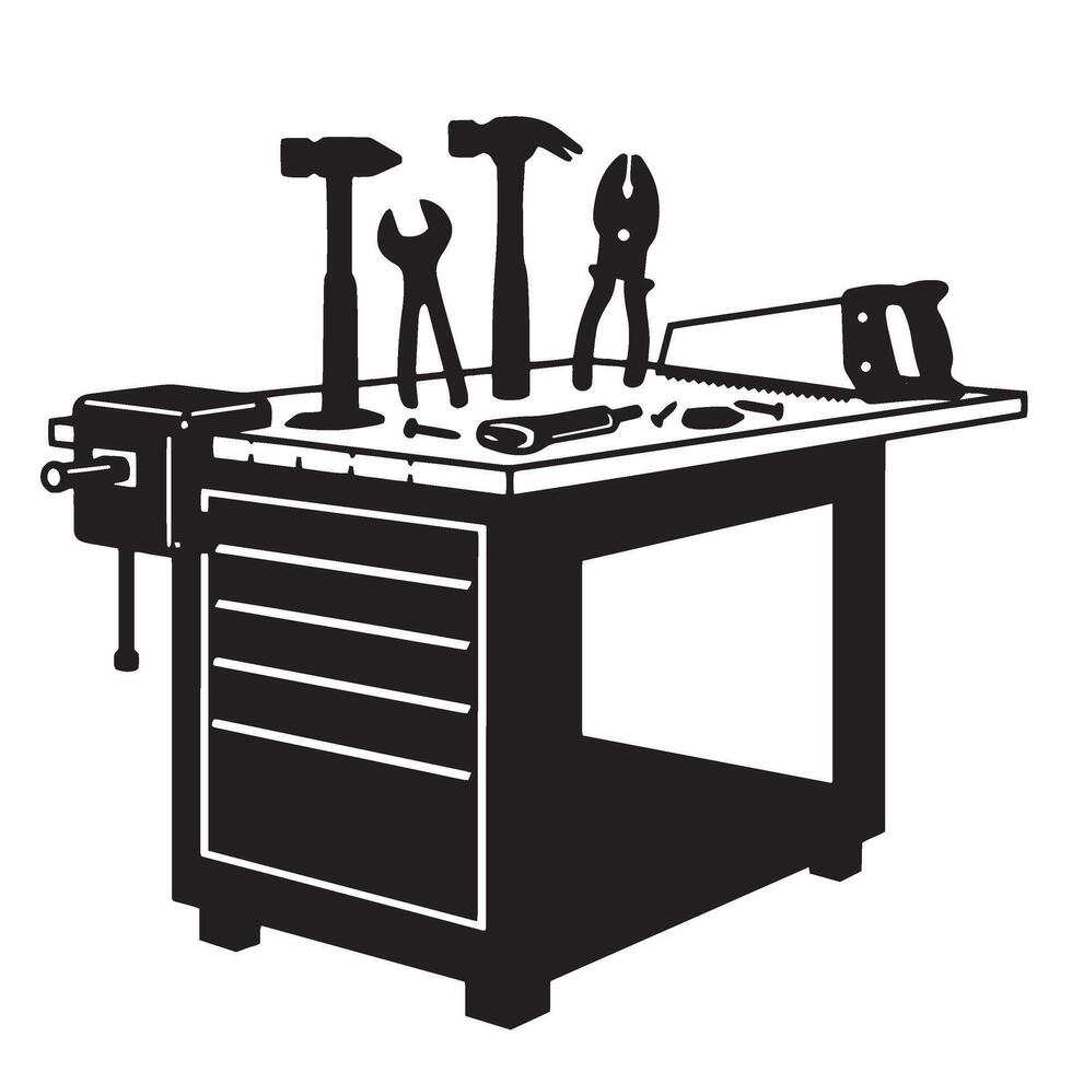Silhouetted workbench featuring a variety of tools for carpentry and home improvement projects vector