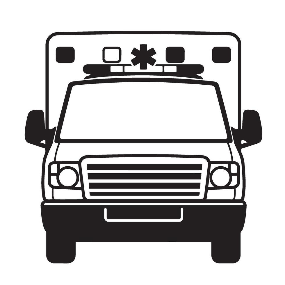 Front view illustration of a simple black and white ambulance emergency medical services vector