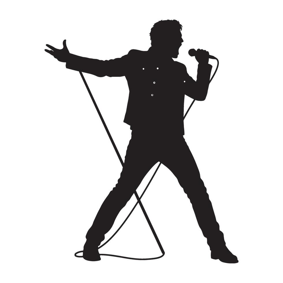 Silhouette of a singer performing on stage holding a microphone with energetic expression vector