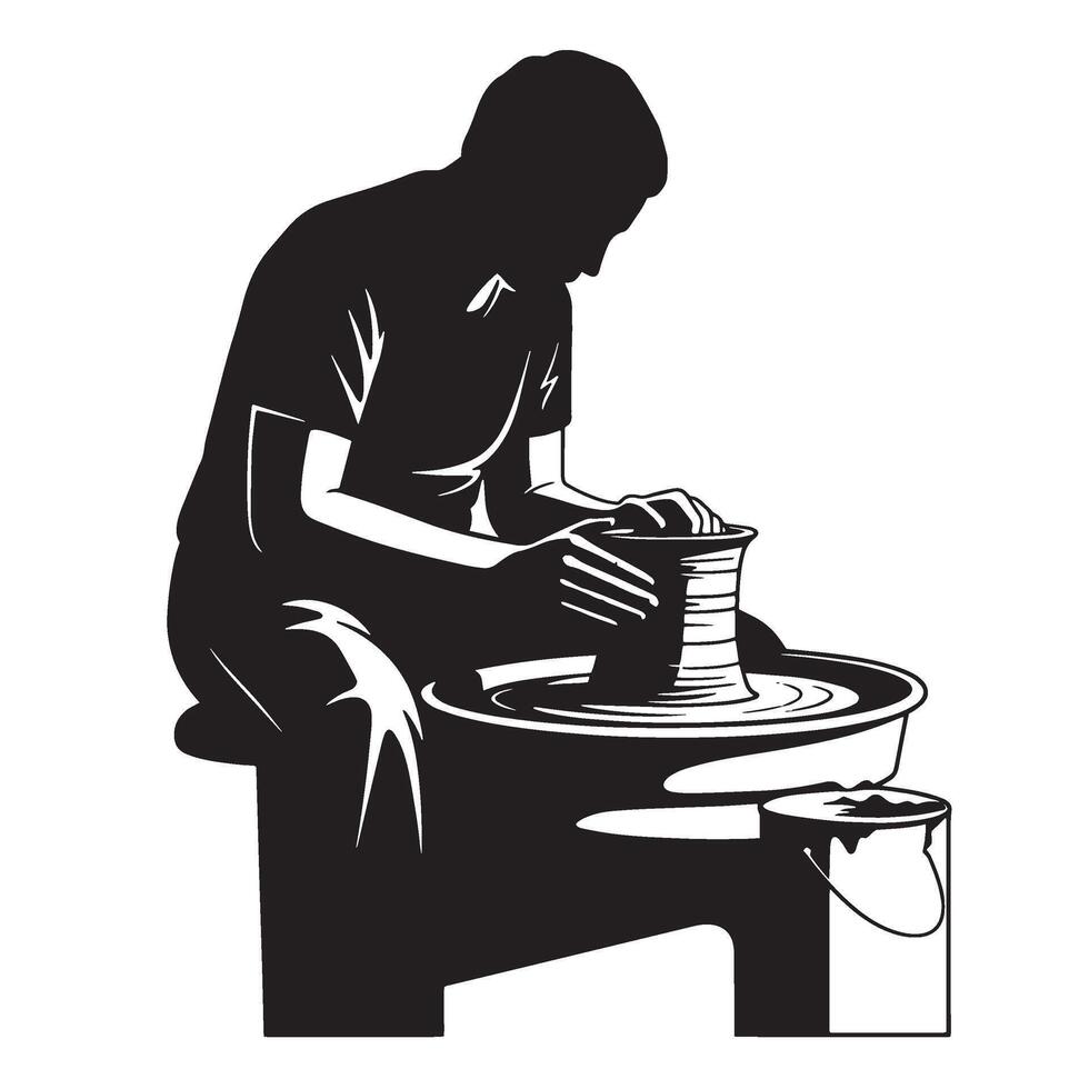 Silhouette of a potter at work shaping clay on a pottery wheel in a workshop vector